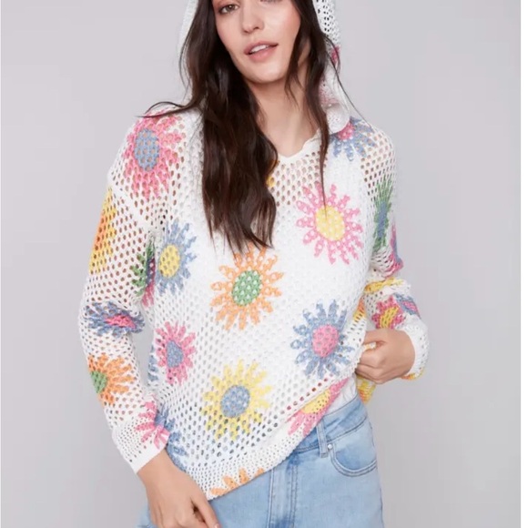 CHARLIE B Tops - Charlie B Open Fishnet Crochet Multi-Color Daisy Hoodie Sweater-Small-Coquette